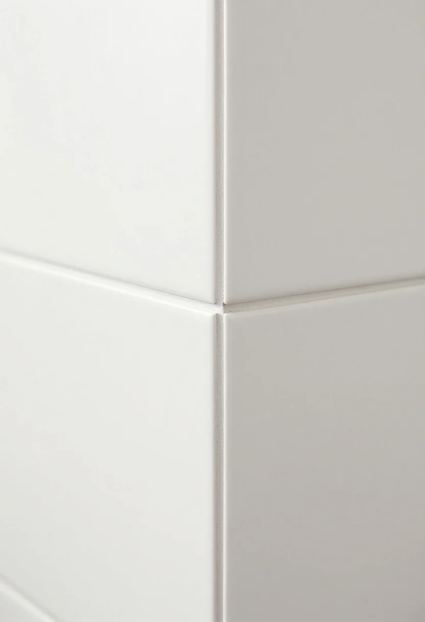 Closeup of a thin aluminum L-angle finishing the edge of a matte white tile backsplash, painted perfectly to match the adjacent wall color; low-profile (under 1/2 inch) line appears nearly invisible, crisp modern minimalism, subtle shadow defining the edge, and bright, neutral lighting that keeps focus on the tile, not the trim.