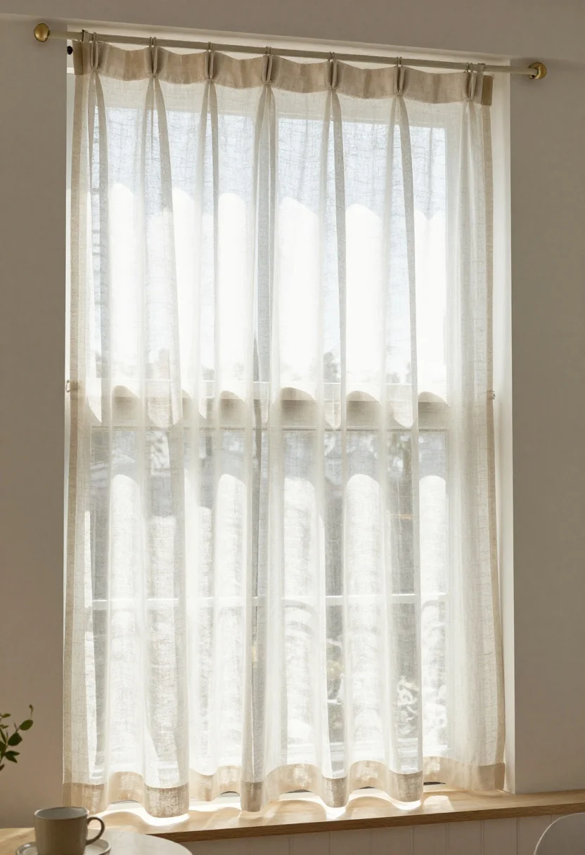 Closeup of charming cafe curtains in lightweight linen on the lower half of a sunroom window, mounted on a slim tension rod with small clip rings; micro-pleat header for a touch of polish; upper half of the window open to bright natural light and sky; a breakfast nook table edge in view with a ceramic mug and small plant; cozy privacy with sunny ambiance, shot from a slight side angle