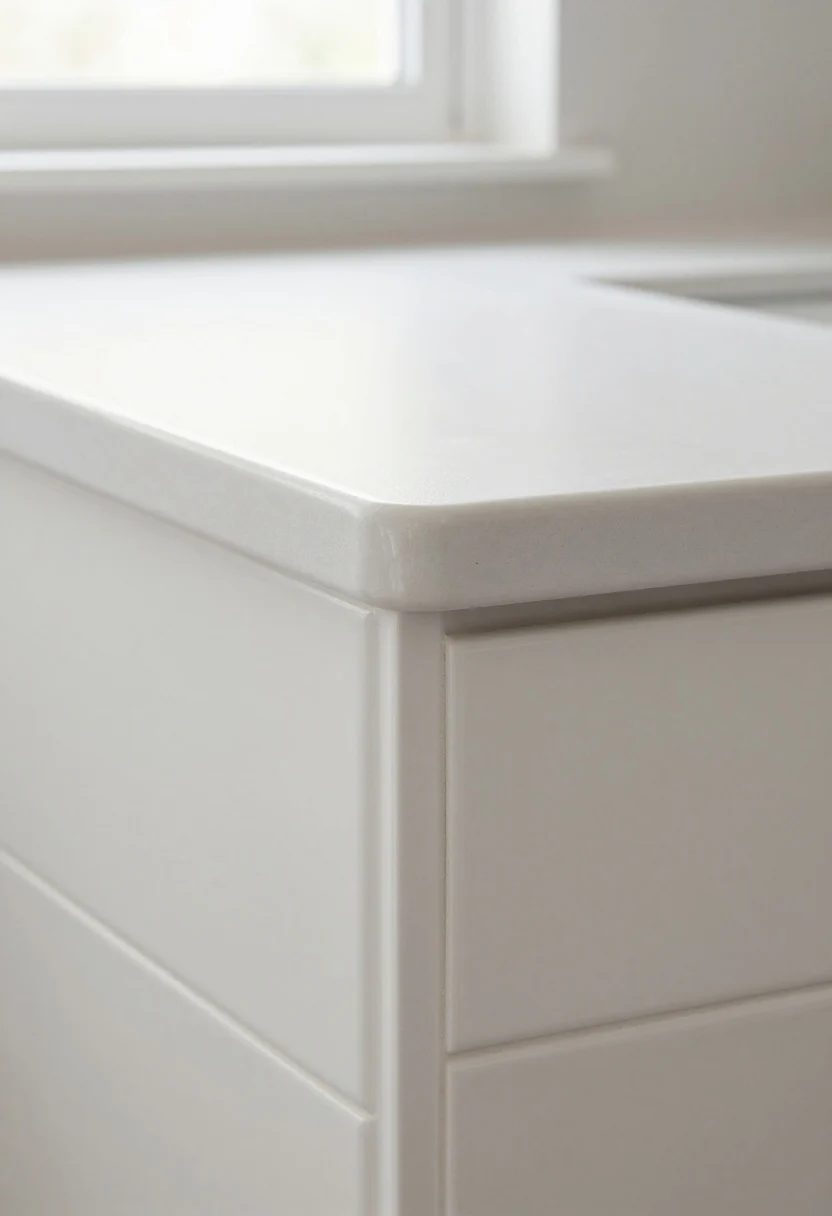 Closeup, straight-on view of a kitchen backsplash edge finished with matching ceramic bullnose tiles in soft white, tight grout lines, and a smooth rounded cap over exposed ends near a window return; include subtle hotel-bathroom-level polish, matte porcelain field tiles, clean drywall transition, and natural daylight glancing across the rounded profile for a high-end, wipe-clean look.