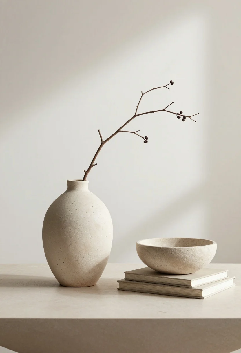 Coffee table vignette closeup: Sculptural, not fussy decor—a hand-thrown ceramic vase holding a single dramatic branch, a rounded stone bowl, and a low stack of linen-bound books forming a calm triangular composition. Neutral backdrop, wabi-sabi imperfections visible in clay and stone. Soft, diffused light creating gentle shadows and presence. Photorealistic, intentional, minimal.