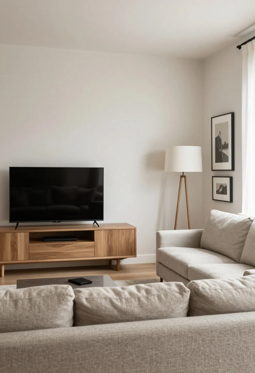 Corner-angle medium shot: A living room embracing a corner TV on a low, slim media console; a standard sofa faces diagonally with two swivel chairs subtly angled toward the corner to create a diagonal conversation triangle; adjacent wall features a trio of art pieces to visually widen the corner; a corner floor lamp softens the angle and fills dead space; neutral palette with linen and wood grain, low media unit keeps visual corridor open; soft afternoon light, photorealistic.