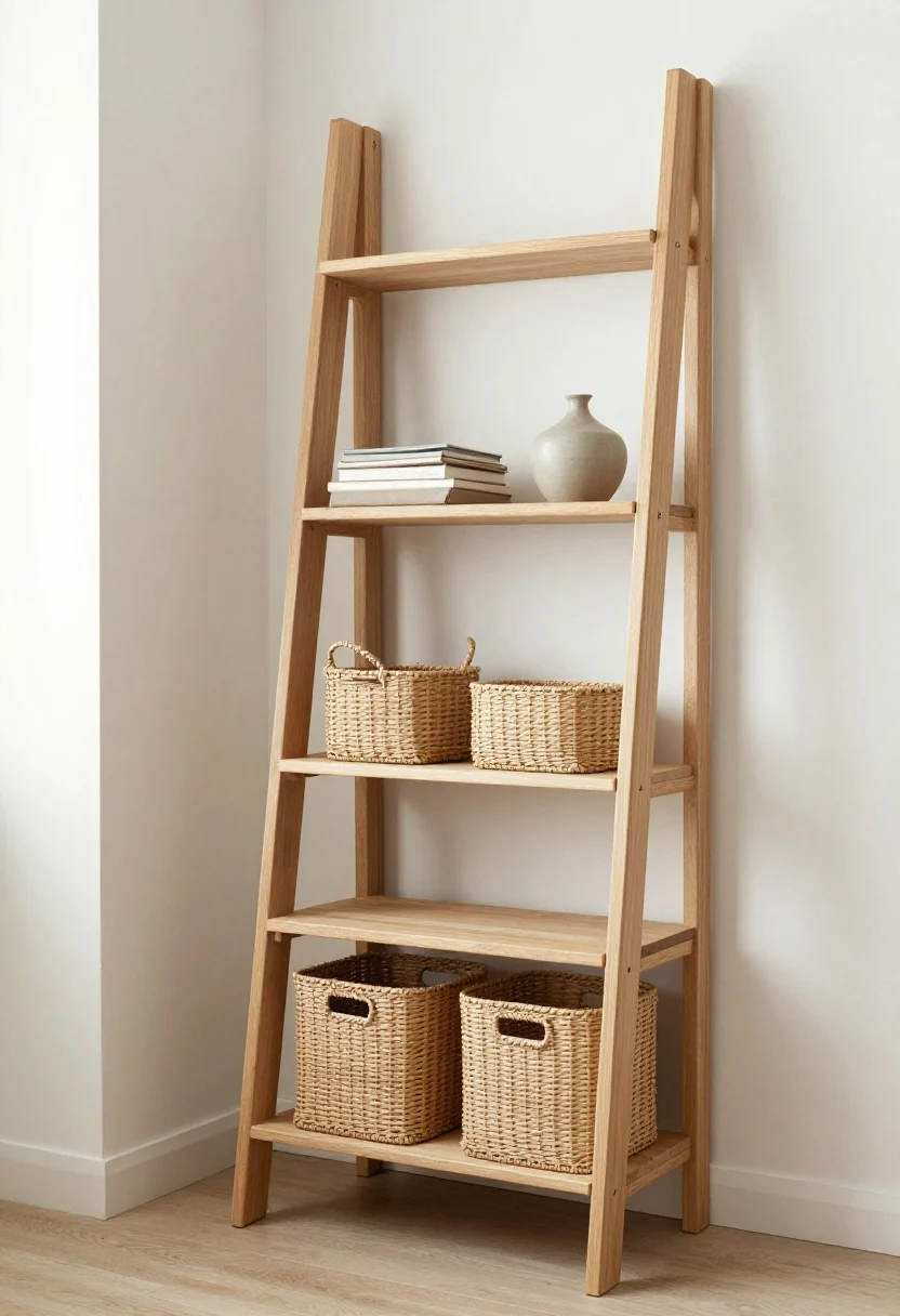 Corner angle medium shot: An empty corner activated with a light wood ladder shelf featuring open-back design, styled airy and minimal; top shelves display a few decor pieces in a restrained palette, while the bottom rungs hold two to three matching woven baskets and a small, lidded hamper; one shelf intentionally left mostly empty to create negative space; soft natural light, wall color peeking through the open design.