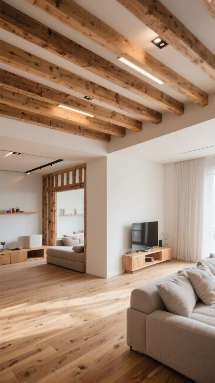 Corner-angle wide shot of a Scandinavian-style living room featuring warm oak slatted ceiling panels running along the room’s longest dimension to visually stretch it; integrated recessed lighting cut-outs neatly installed between slats; a secondary zone with lightweight faux beams stained to match the wood floor for continuity; materials read as real wood with visible grain; balanced daylight with gentle shadowing that highlights texture; acoustic, cozy modern vibe