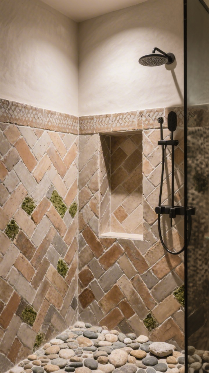 Corner wide shot of a shower showcasing earthy textured tiles: zellige-style handmade-look tiles in sand and clay tones on the wall with subtle variation and matte finish, warm gray grout, and pebble flooring in river-rock neutrals; tiles laid in a herringbone pattern on a niche back panel for visual movement; soft, indirect lighting grazing the surface to emphasize irregularities and tactile depth; overall palette of sand, clay, moss, and charcoal accents.