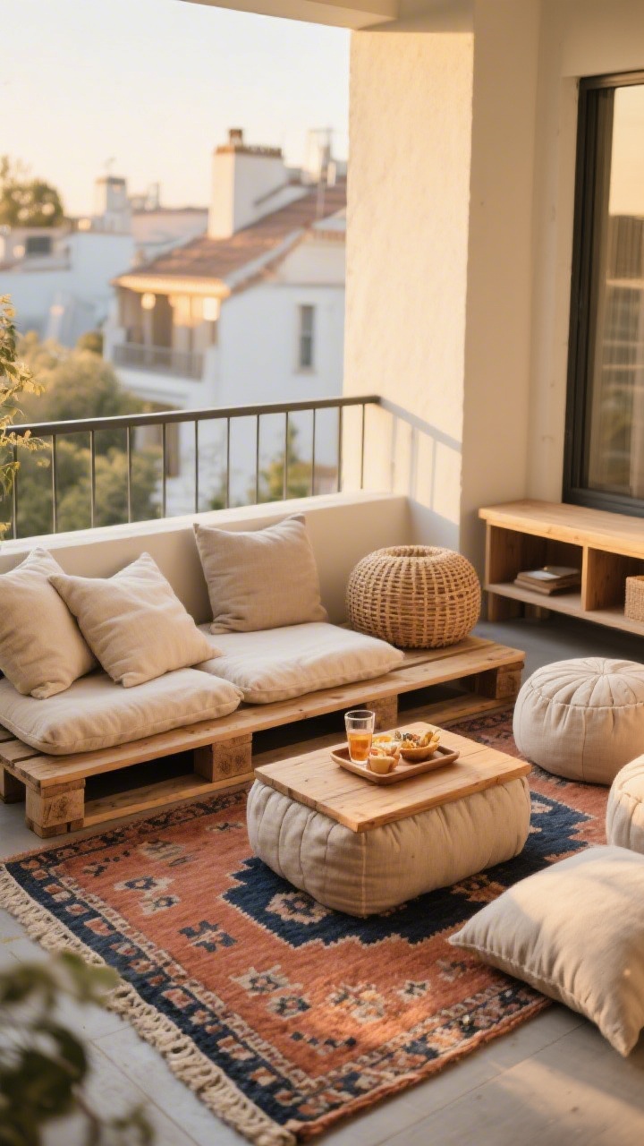 Cozy medium shot of a low lounging zone on a small balcony: floor cushions and poufs in outdoor fabrics (solution-dyed acrylic and olefin) in sandy neutrals with soft cotton texture, arranged atop a washable kilim rug in muted terracotta and navy accents to define the area. Include a slim low wood platform/pallet base and a broad wood board placed over an ottoman as a tray for drinks and snacks. Add a rattan pouf and a nearby narrow storage bench hinting at quick stash. Golden-hour glow, layered textures, intimate and flexible seating; no people.