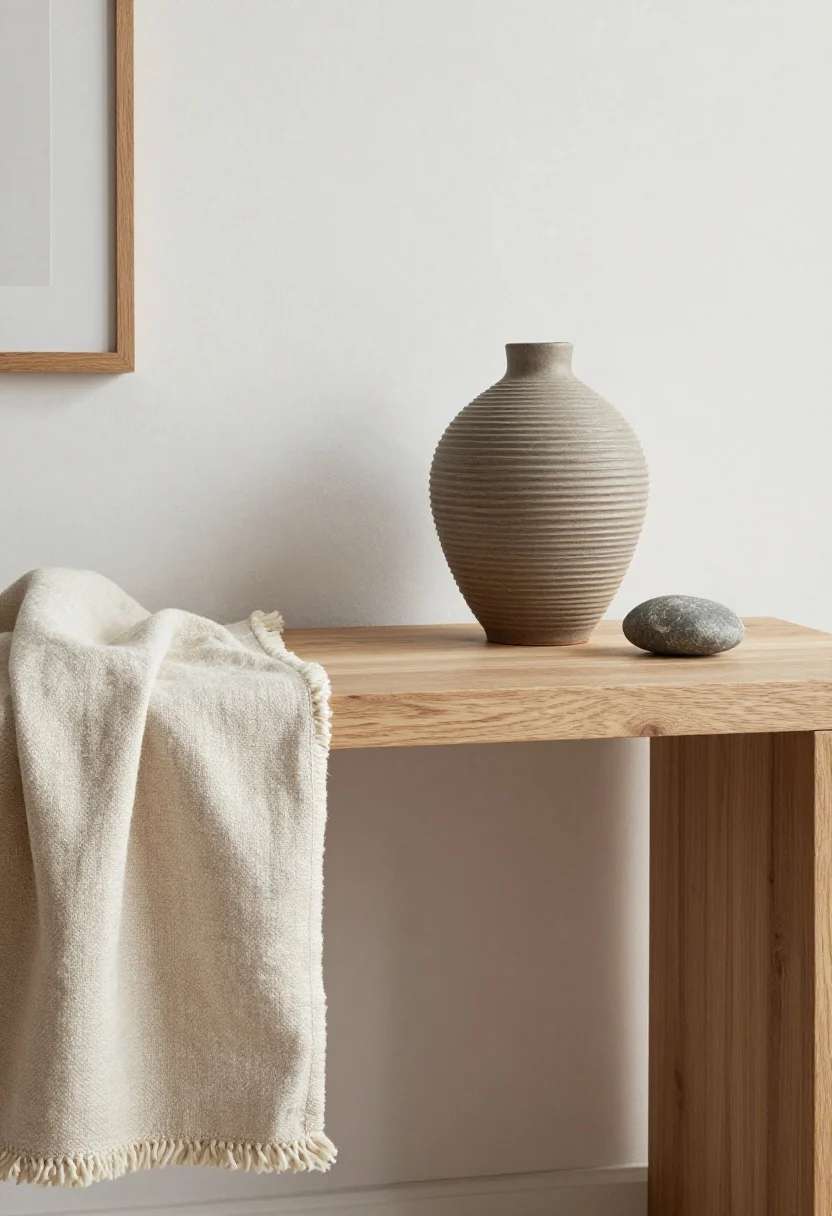 Detail closeup: A curated trio of natural materials—smooth oak console surface beside a chunky wool rug edge, with a ribbed ceramic vase and a linen slipcover draped nearby. Include subtle bouclé texture and a small stone accent to suggest the oak + bouclé + stone combo. Soft, directional daylight raking across textures to emphasize tactile contrast. Photorealistic, minimal, textural focus.