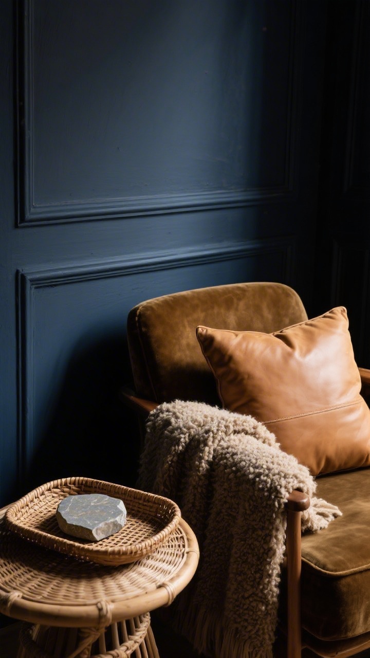 Detail closeup from a corner angle focusing on layered textures: a dark inky navy wall behind a camel leather cushion on a velvet chair, a bouclé or wool throw draped over the arm, woven rattan tray on a side table holding a small slab of natural stone coaster; textures repeated subtly in the frame (velvet, bouclé, leather), with warm, low light raking across to reveal tactile depth; tight, cohesive palette and no visual clutter.