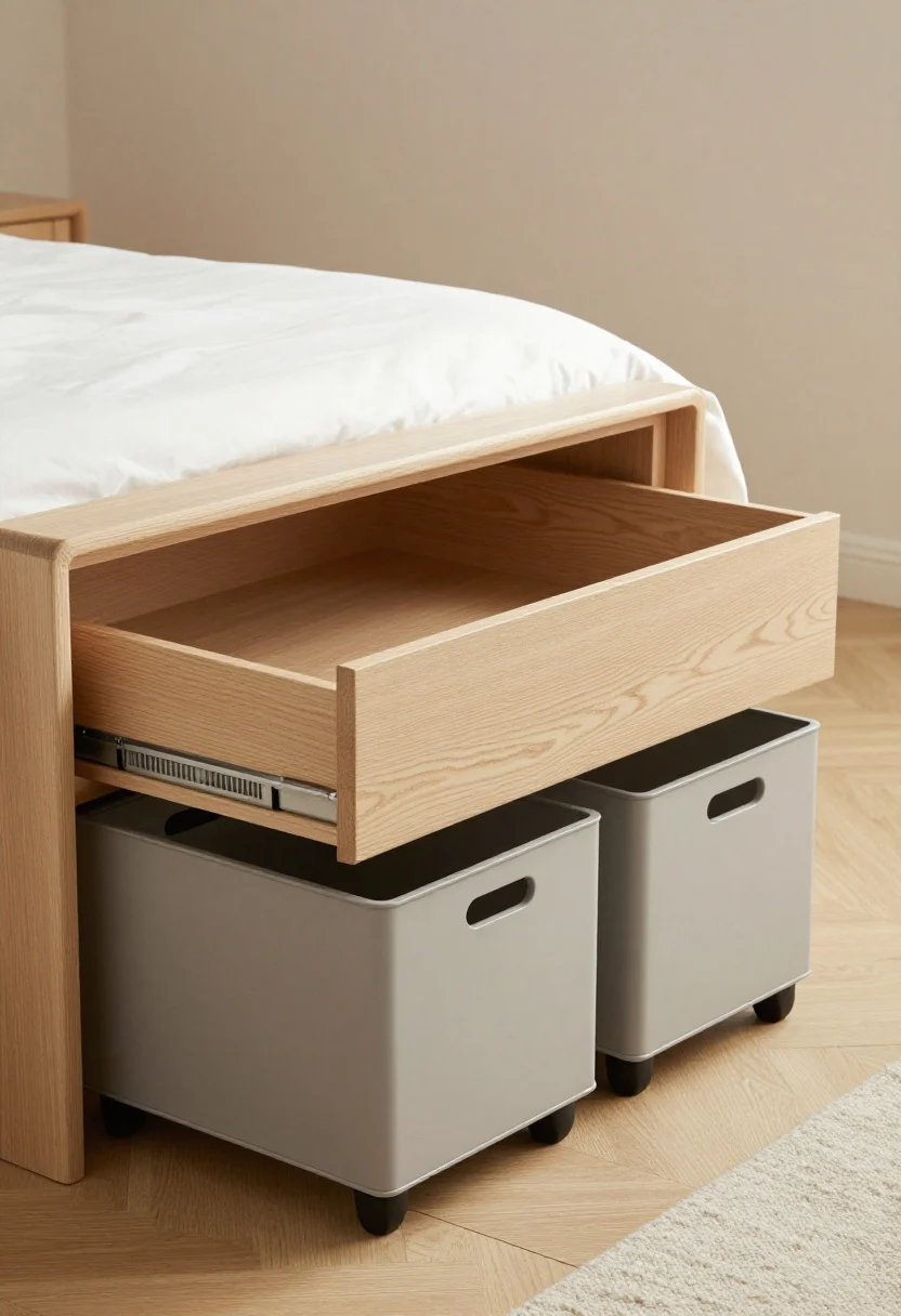 Detail closeup from bedside: Under-bed storage focus showing a frame with built-in drawers fully opening thanks to deliberate bed positioning; matching low-profile rolling bins on the opposite side with a 2-inch gap above the floor for airflow and easy cleaning; bin color matched to the wood flooring/frame for visual uniformity; soft side lighting highlighting textures of wood grain and matte bin surfaces; no clutter, clean and practical.