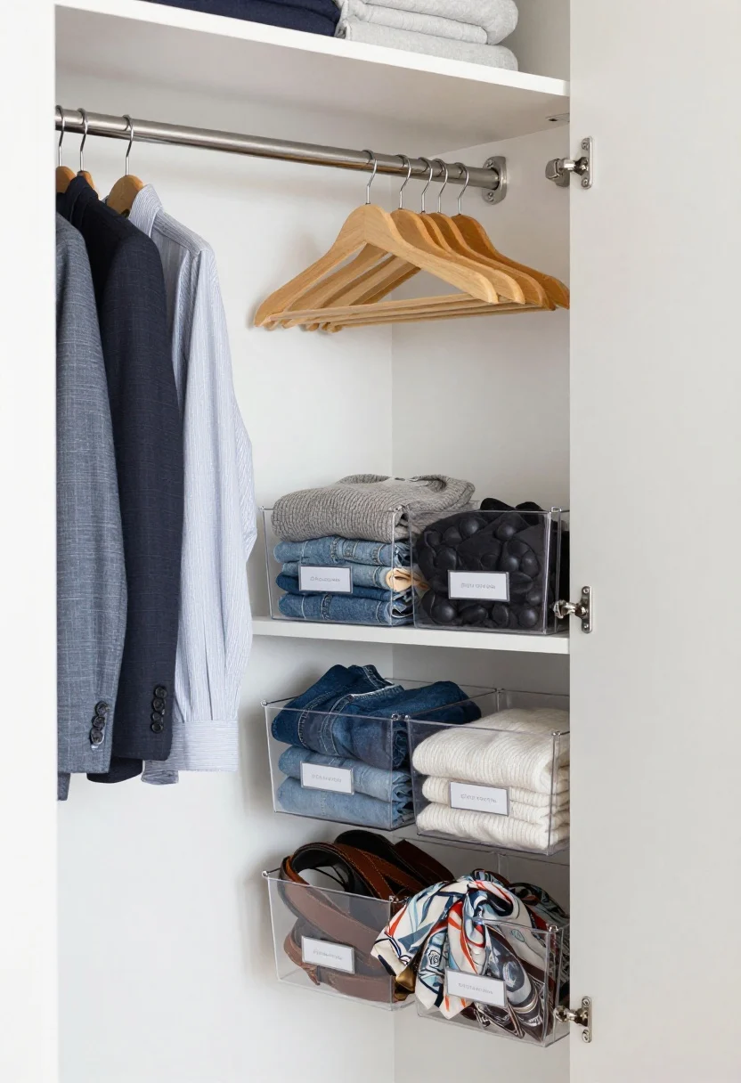 Detail closeup: Inside a small closet upgraded with a double-hang rod (shirts above, pants below), matching slim velvet hangers, a slim shoe tower to one side, and shelf risers creating double layers; clear bins labeled for sweaters and out-of-season items; pull-out wire baskets holding jeans and tees; an over-the-door organizer for belts and scarves partially visible; clean, bright lighting emphasizing order.