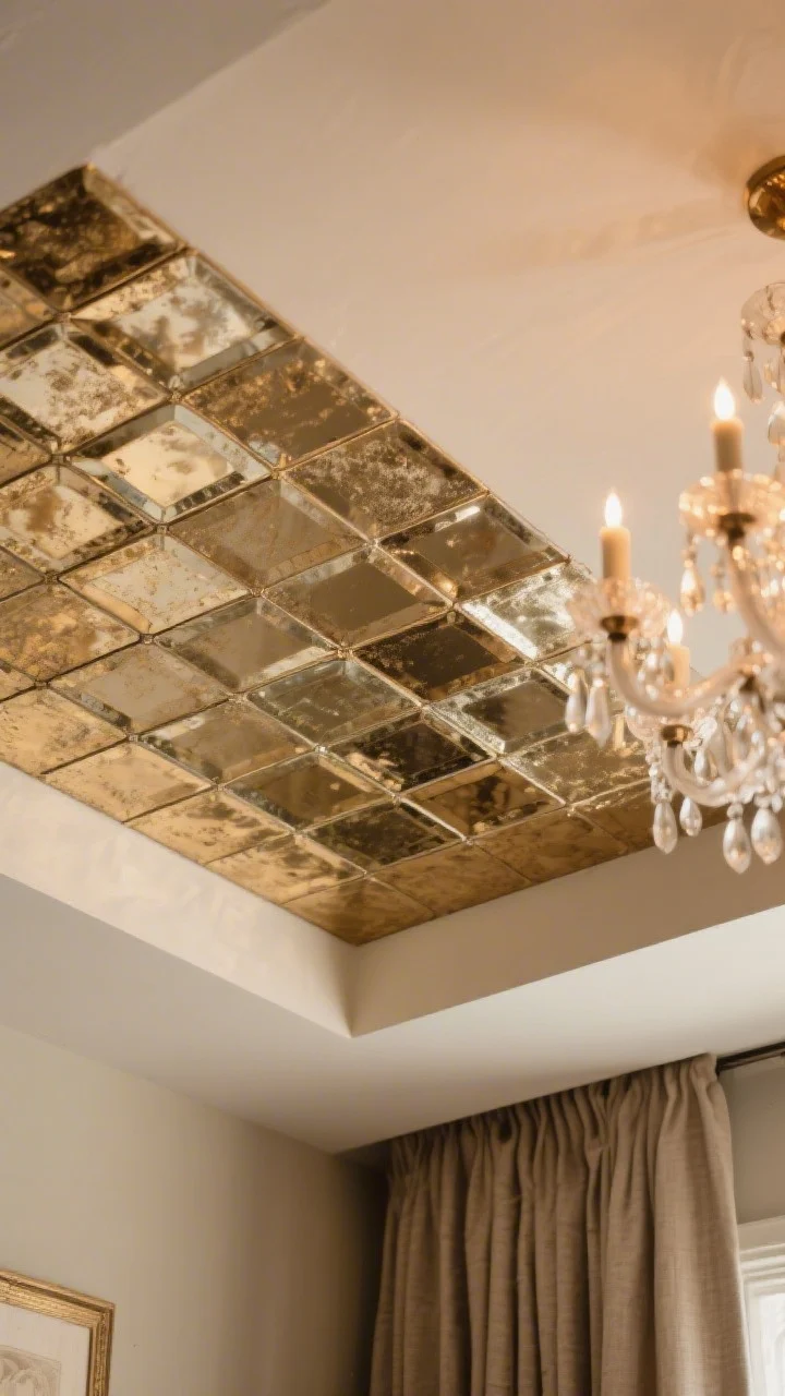 Detail closeup of a recessed ceiling panel finished with antiqued mirror tiles, each tile slightly mottled to diffuse reflections; surrounding ceiling painted in a soft champagne metallic glaze over a neutral base coat, catching candlelight from a nearby chandelier out of frame; warm metallic tones paired with an earthy palette below (linen drapes and matte walls barely visible at edges); photorealistic shimmer without harsh glare