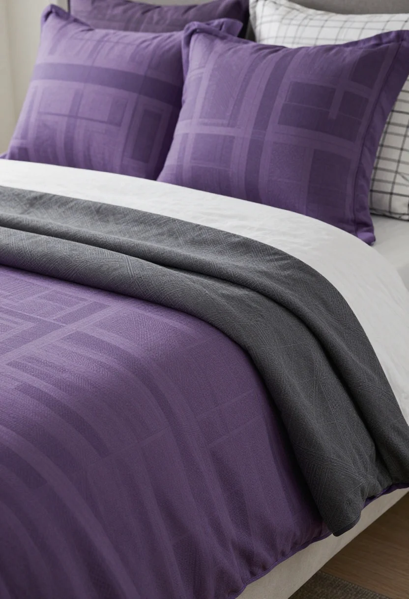 Detail closeup of graphic patterns in a purple scheme: a striped lilac-and-charcoal blanket folded on a bed, geometric tone-on-tone purple wallpaper glimpse behind the headboard, and checked or micro-print sheets subtly peeking beneath a solid quilt. Showcase one large-scale and one small-scale pattern for balance. Neutral, diffused lighting, photorealistic.