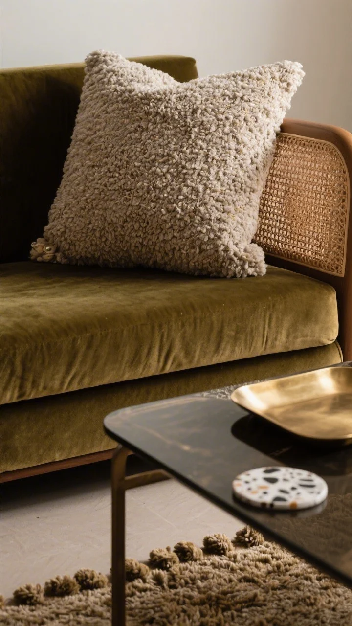 Detail closeup of layered textures: a velvet sofa cushion pressed against a nubby bouclé pillow, with a cane chair edge partially in frame and a brushed brass tray on a smoked glass coffee tabletop. Add a hint of terrazzo coaster and a high-pile rug tuft visible at the bottom edge. Contrast matte and gloss surfaces; warm, diffused light highlighting tactile richness; photorealistic.