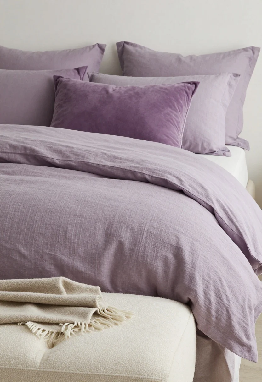 Detail closeup of layered textures on a bed: plum velvet pillows, a dusty lavender linen duvet, a cream boucle bench at the foot, and a faux mohair throw draped casually. Keep forms simple and modern so the tactile mix stands out. Soft, diffused natural light highlighting fabric weave and pile variations, photorealistic.