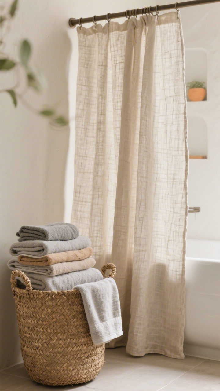 Detail closeup of natural fiber textiles: a stonewashed linen shower curtain in oatmeal gently draping with visible weave, stacked Turkish cotton towels with a lightweight, airy texture in fog gray and driftwood tones, and a jute/seagrass basket holding hand towels; neutral earthy palette (sand, olive hints, ochre accents); soft natural light highlighting breathable fibers and relaxed, spa-like feel.