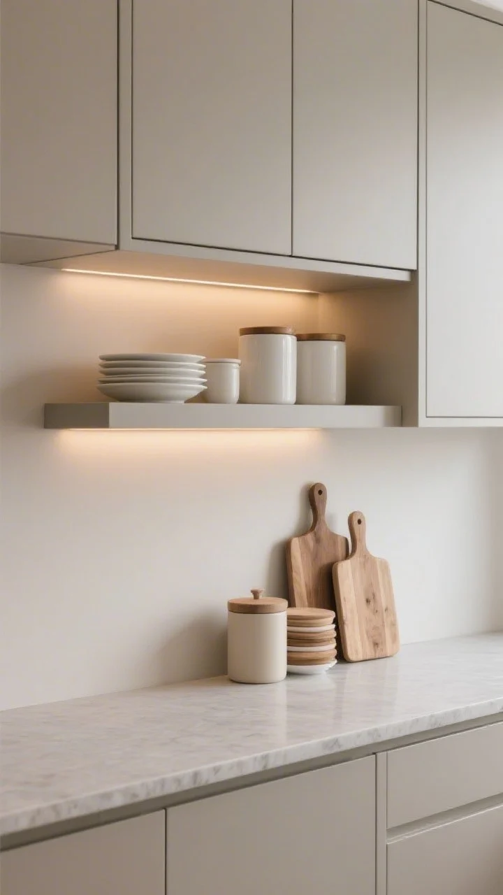 Detail closeup of the floating shelf + closed storage combo: 1–2 tiers of slim open shelves aligned above the counter holding white dishes, neutral canisters, and stacked wood cutting boards styled by color and material. Show a subtle front lip on the shelves and warm undershelf LED lighting casting a boutique glow. Adjacent closed cabinets frame the shelves. Background in soft greige, matte quartz counter below, photorealistic.