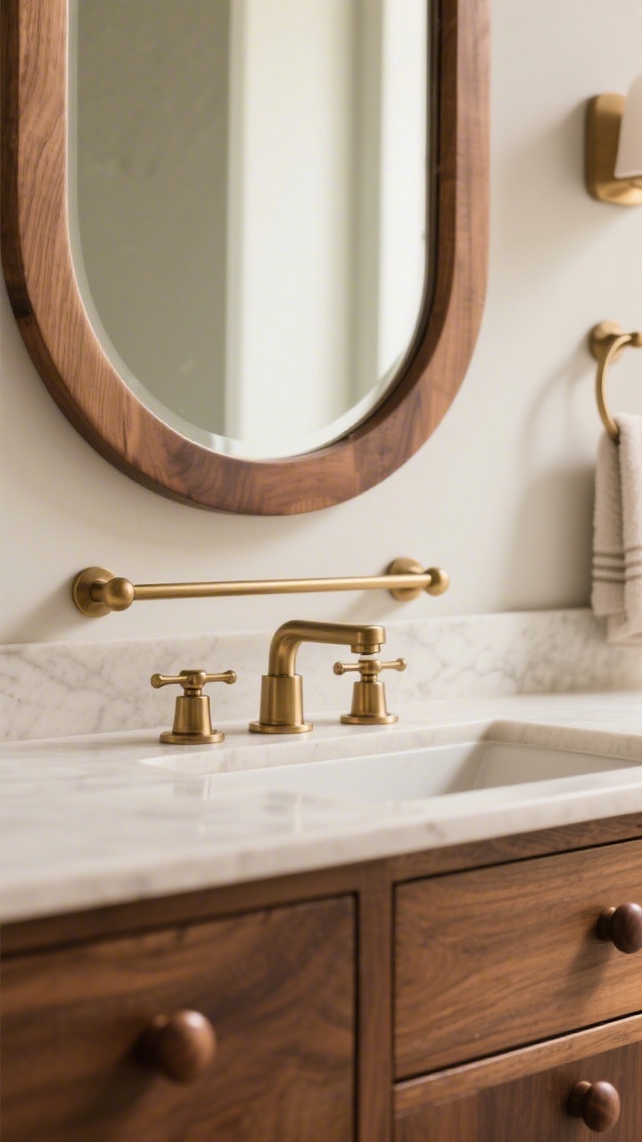 Detail closeup of upgraded hardware and finishes: brushed brass towel bar and matching hooks aligned with a brushed brass faucet, solid wood knobs on a vanity drawer, and a wood-framed mirror with rounded corners softening the geometry; cohesive, consistent finishes across the frame; warm, balanced lighting reflecting subtly off the satin metal surfaces for an earthy, elevated look.