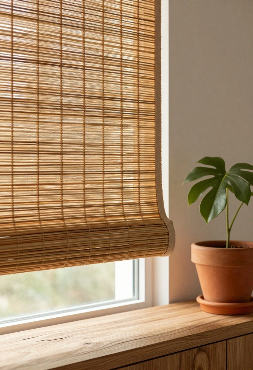 Detail closeup of woven wood shades in bamboo with a medium honey finish, showing the intricate texture of matchstick weave and a subtle fabric edge binding; soft ambient glow passing through a light-filtering liner; driftwood-toned console beneath the window with a terracotta pot and leafy plant; warm, beachy atmosphere with tactile texture emphasized, shallow depth of field