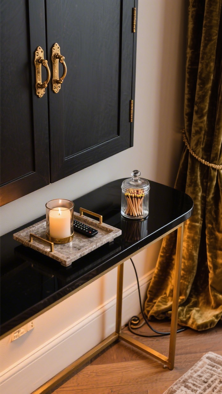 Detail closeup, overhead view of luxe finishing touches on a console: aged brass hardware on a dark cabinet door at the edge of frame, a substantial stone or lacquer tray corralling a candle and remote, a glass apothecary jar decanted with matches, and the corner of a lined velvet drapery panel pooling at the floor; cords tucked out of sight; warm evening light reflecting softly off brass for a boutique, expensive feel.