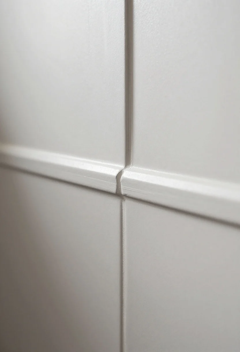 Detail macro shot of a micro-bevel transition: the final grout joint on a large-format, monochrome tile backsplash is gently beveled as it meets smooth, perfectly painted drywall; editorial-level precision paint line, subtle modern effect with soft, diffuse natural light to highlight the beveled shadow.