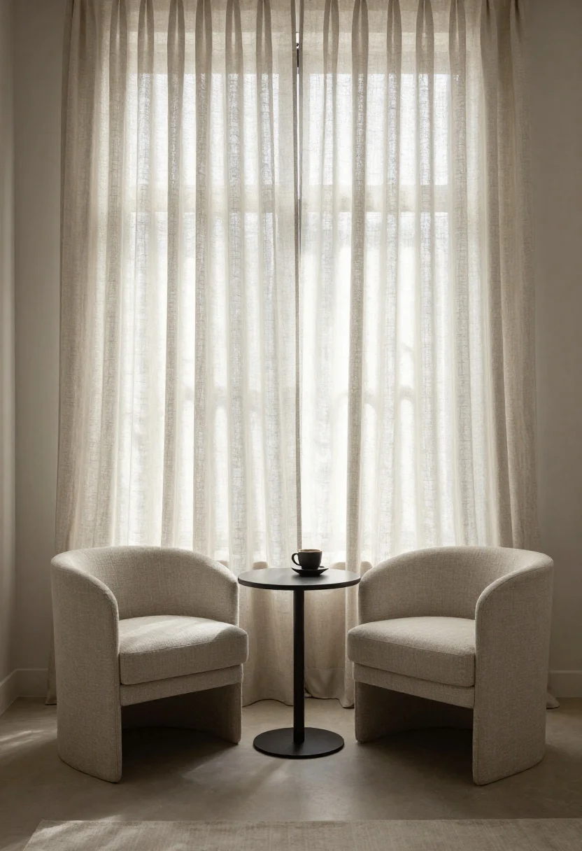 Detail/medium hybrid by the window: Two lightweight accent chairs slightly swiveled toward an off-centered window wall dressed in unified linen drapery hung high and wide across the entire wall; a small drink table between the chairs; roller shades with a subtle linen texture behind the drapery; if a sofa floats before the windows, it has a low back to preserve light; morning coffee vibe with soft natural daylight, gentle textures and monochrome base with accents in threes, photorealistic.