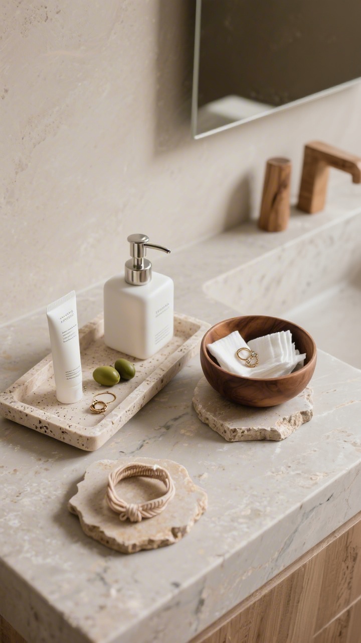Detail overhead shot of natural accessories: a travertine tray holding minimalist-labeled skincare and jewelry, an olive wood bowl corralling cotton pads and hair ties, and raw-edge stone coasters under soap dispensers protecting a matte stone countertop; neutral, quiet-luxury palette with subtle veining and grain; soft daylight emphasizing tactile stone and wood textures.