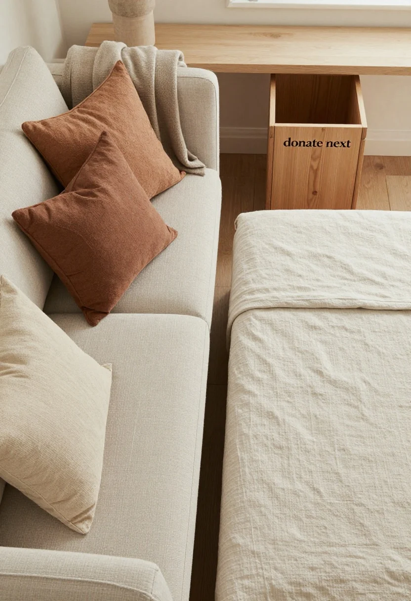 Detail/overhead shot: Seasonal edit on a sofa—two sets of textiles showing rotation: a cozy winter corner with a wool throw and deeper-toned pillow versus a summer swap with a lightweight linen throw, lighter wood accent, and breezier textures. Nearby, a small “donate next” bin tucked subtly by a console, suggesting one-in-one-out practice. Neutral palette with subtle tonal shifts; natural light. Photorealistic, intentional living.