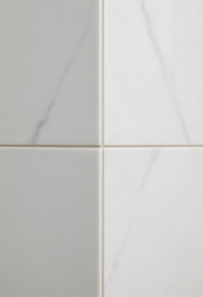 Detailed closeup of a perfectly aligned mitered outside corner on a marble-look porcelain backsplash, each tile cut at 45 degrees to form a razor-straight seam without trim; slight edge sanding visible, thick tile profile, subtle gray veining, and soft reflected light that emphasizes the seamless, custom millwork vibe.