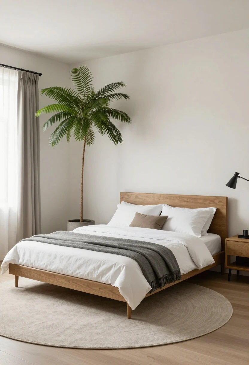 Diagonal composition: A queen bed placed at a 45-degree angle across the corner of a square room; a tall, sculptural plant behind the headboard to fill negative space; a round rug under the front legs to soften lines and “sell” the angle; a sleek floor lamp complementing the plant; clean sightline from the door showing the headboard as the focal point; balanced daylight with gentle shadowing.
