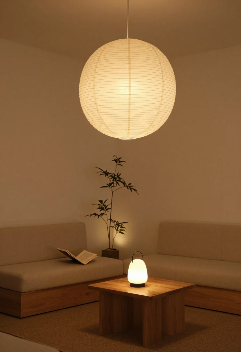 Evening medium shot: Layered, warm, dimmable lighting—rice paper lantern pendant casting a soft glow, a wooden floor lamp for reading near a low sofa, and a small table lamp creating ambient pools of light. Warm bulb temperature (2700–3000K). A corner plant is up-lit by a discreet spot, becoming sculptural. No harsh overhead glare. Photorealistic, spa-like warmth, tranquil.