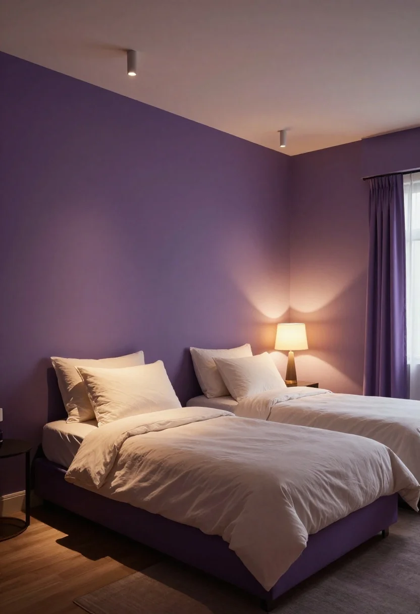 Evening mood medium shot showing layered, warm lighting on purple walls: dimmable overhead fixture softly glowing, matching bedside sconces, and a small accent lamp. Use 2700K–3000K bulbs; fabric shades in cream or parchment to diffuse light across aubergine or smoky lavender paint. The overall glow flatters both the room and color; no cool bulbs, photorealistic.