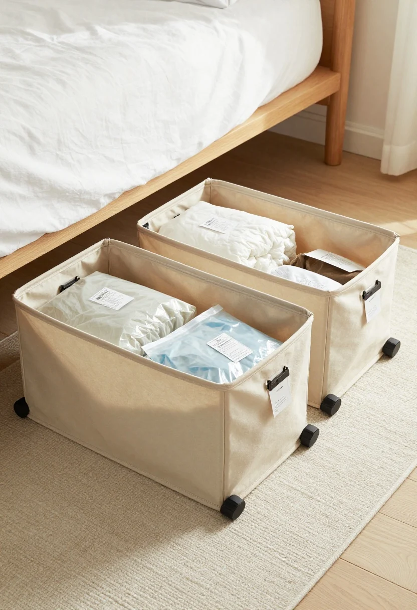 Low-angle detail shot: Underbed storage scene with low-profile rolling bins and zippered fabric underbed bags neatly lined up on a washable rug runner; some bags use vacuum-seal packs compressing bulky bedding to half size; each bin labeled with clip-on tags; soft daylight grazing the floorboards, showcasing texture and dust-free organization beneath a simple platform bed.