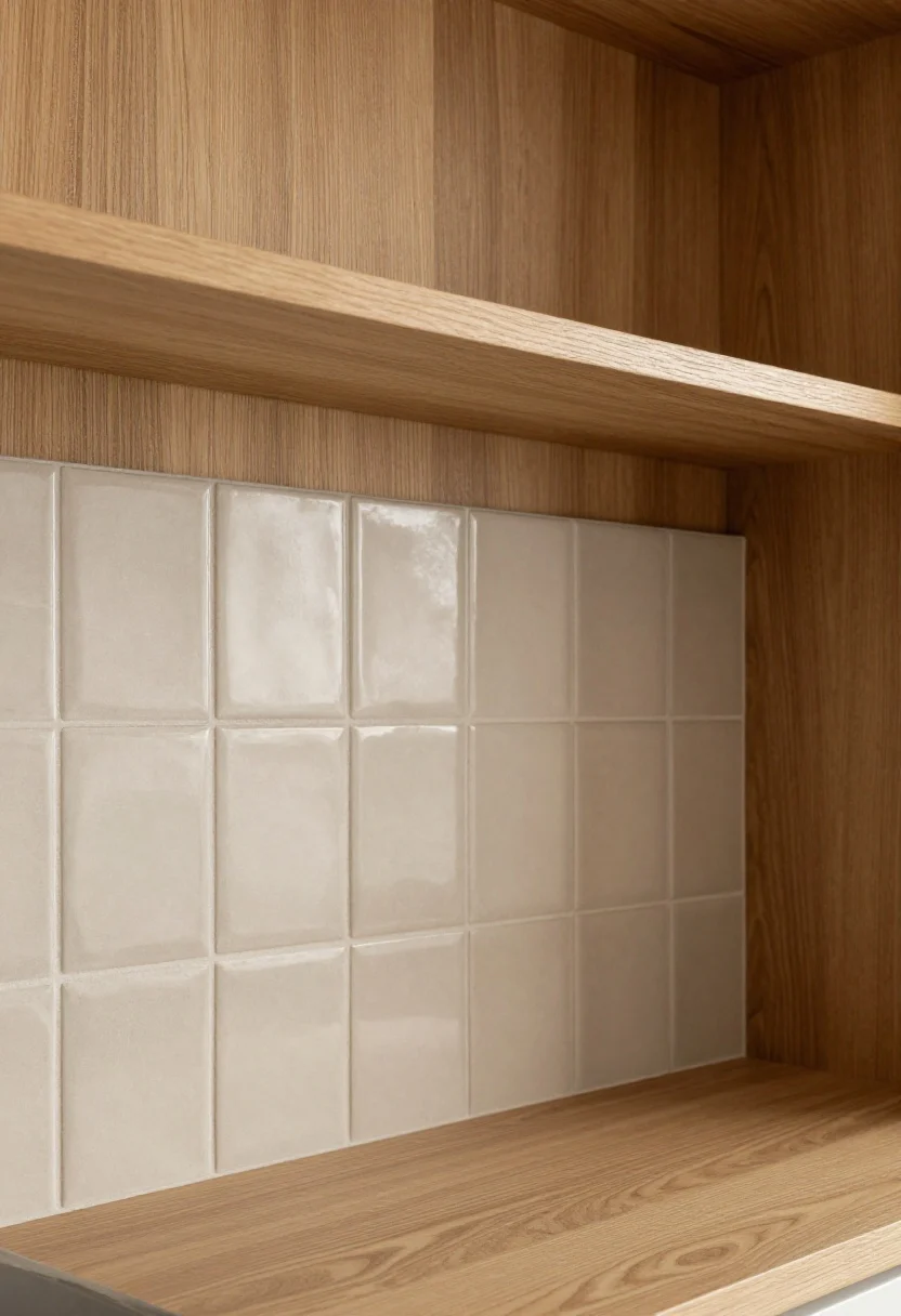 Medium-angle corner shot of a matte ceramic tile backsplash capped with a slim white oak wood trim piece, square profile, sealed to a satiny finish; matched wood tone to open shelving, hairline caulk joint between tile and wood, warm modern mood with soft afternoon light enhancing the grain and cozy texture.
