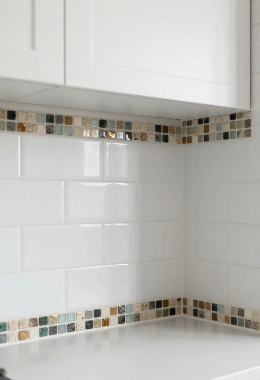 Medium closeup of a simple white field tile backsplash finished with a 1–2 inch slim mosaic border at the edge, mixing small pieces of stone, glass, and a hint of metallic that echoes cabinet hardware; cohesive repeat of the mosaic around a nearby window return, flattering grout tone for the busiest tile, balanced under-cabinet lighting.