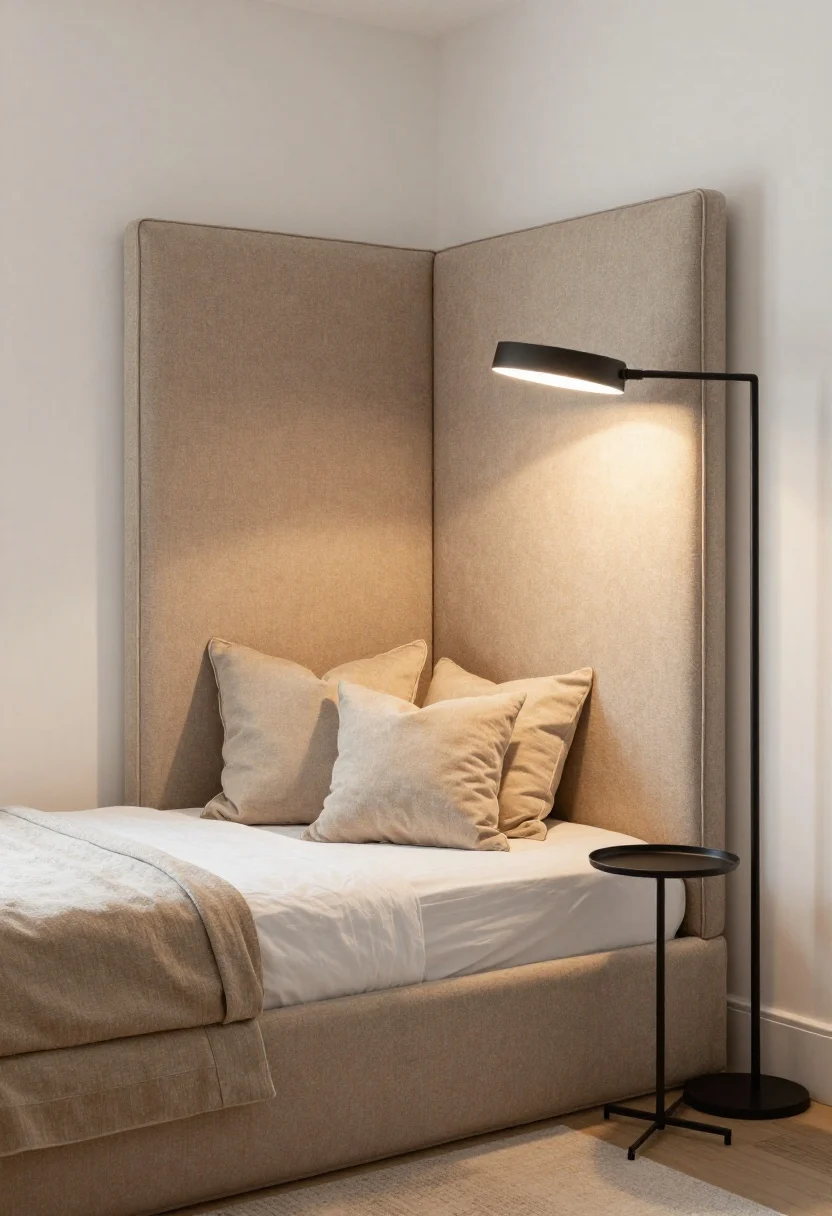 Medium corner view: A twin bed slid lengthwise into a corner, wrapped by a plush upholstered corner headboard in oatmeal fabric; oversized pillows and bolsters layered along both walls to create a daybed vibe; a single slim nightstand on the open side with a petite tray; a tall black metal floor lamp tucked in the corner; a soft throw draping over the exposed side to break the wall line; cozy, warm task lighting against a matte white wall.
