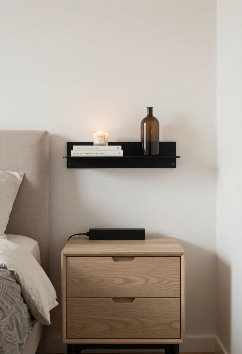 Medium shot: A bedside setup with a narrow nightstand that has two drawers and a hidden grommet for cord management; a small power strip mounted underneath with cords routed cleanly; matte black wall-mounted floating shelf alternative on the opposite side; top styled with a single book, a candle, and a slender table lamp; neutral woods and soft white walls; optional tall, narrow bedside cabinet in the background; soft, diffused evening lighting for a tidy, organized look.