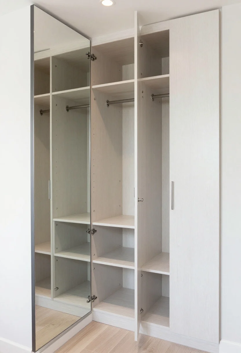 Medium shot: A slim, tall wardrobe with mirrored glossy doors that reflect light and visually expand a compact bedroom; doors open to reveal flexible, adjustable shelves, a mix of hanging space and cubbies; stick-on LED motion lights gently illuminating the interior; a small valet hook on the wardrobe’s side holding tomorrow’s outfit; subtle patterned paper lining the inside for a boutique feel; bright, clean ambiance.