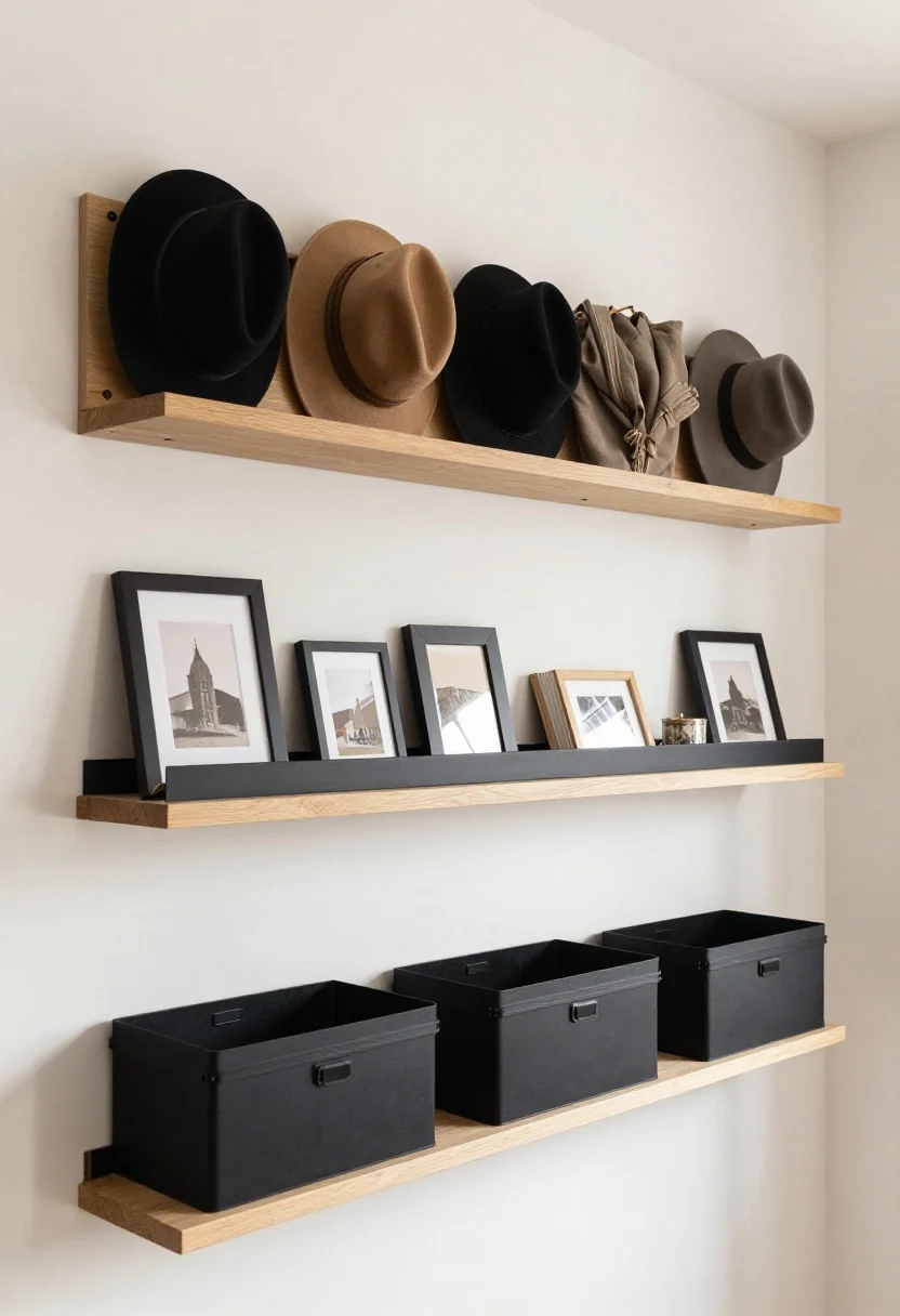 Medium shot: A styled wall featuring a Shaker-style peg rail in light wood holding hats, totes, and a robe; below, staggered black metal picture ledges corralling small frames, a few books, and trinkets, limited to three or four items per ledge; materials repeat (light wood and matte black) for cohesiveness; a narrow shelf mounted above the door displays pretty storage boxes; bright, gallery-like lighting.