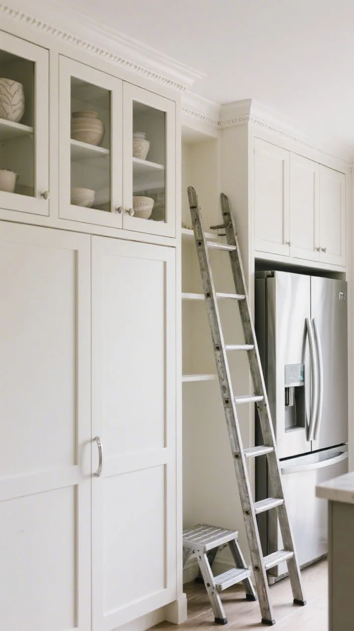 Medium shot angled slightly upward to emphasize verticality: double-stacked, ceiling-height upper cabinets in soft white with matching crown molding running in a continuous line. The top row features glass-front doors showcasing neutral ceramics; the lower uppers are solid doors for daily use. Include a slim, metal library ladder parked beside a counter-depth fridge and a foldable step stool tucked into a niche. Soft, even daylight; clean, built-in look; photorealistic.
