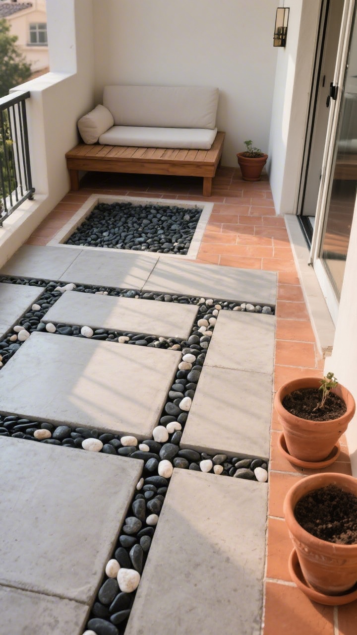 Medium shot capturing a zen-inspired balcony floor composition: large concrete pavers set over a dark drainage mat, joints filled neatly with smooth black and white pebbles for contrast. Frame a small seating area with a shallow pebble “moat” and a raised teak platform. Add warm terracotta pavers on one side with Mediterranean-style terracotta pots to introduce color and texture. Ensure door clearance is visible and safe. Soft, spa-like lighting with subtle reflections on pebbles; calm, sculptural vibe; no people.