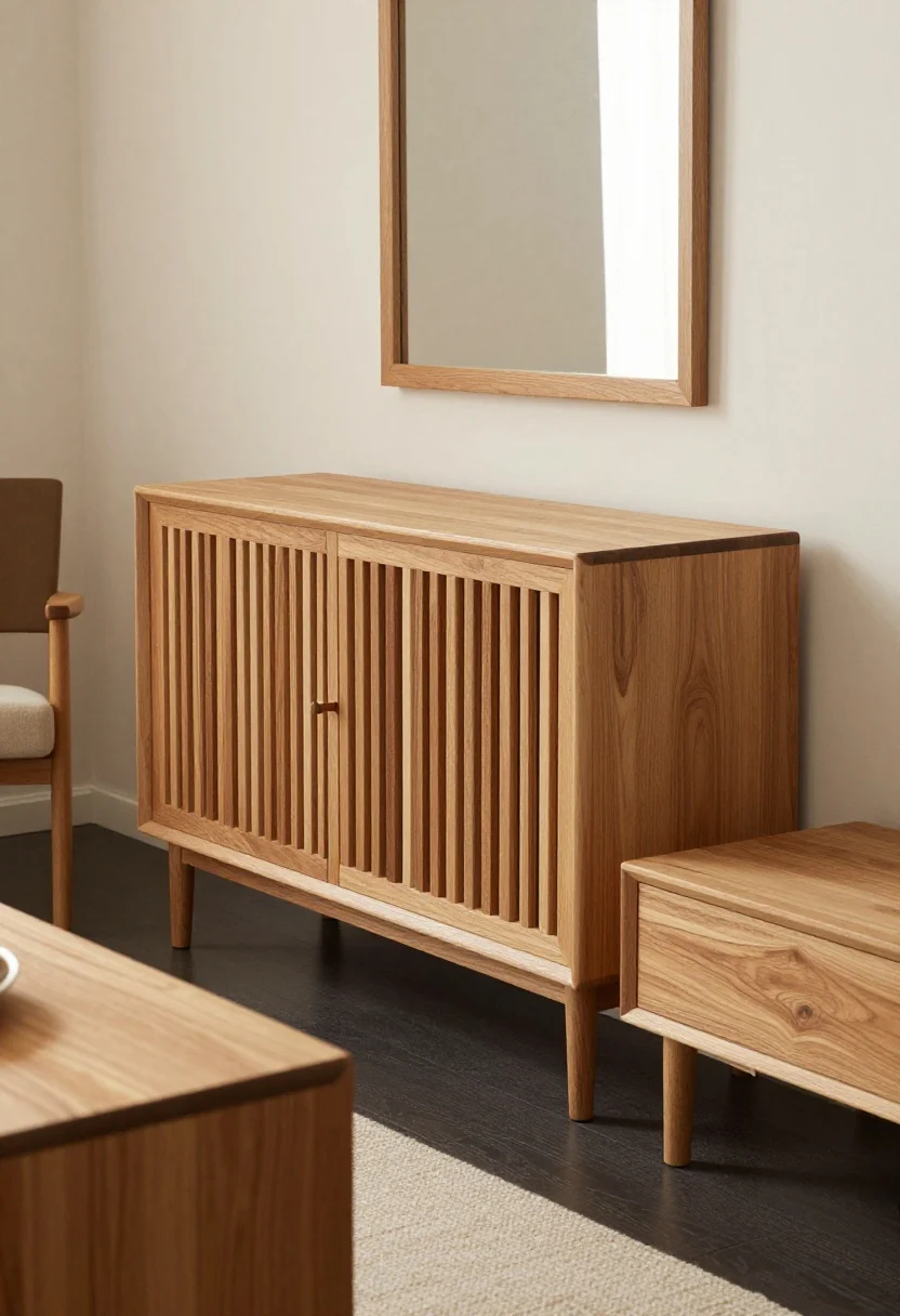Medium shot: Focus on warm wood elements—light to mid-tone oak and ash furniture with a matte/satin finish. A slatted media console, an oak side table, and a wood-framed mirror unify the space; if the floor is dark, balance with pale wood furniture and a creamy rug. Avoid any high-gloss. Gentle, warm lighting enhances the natural grain and harmony of wood tones. Photorealistic, honest, refined.
