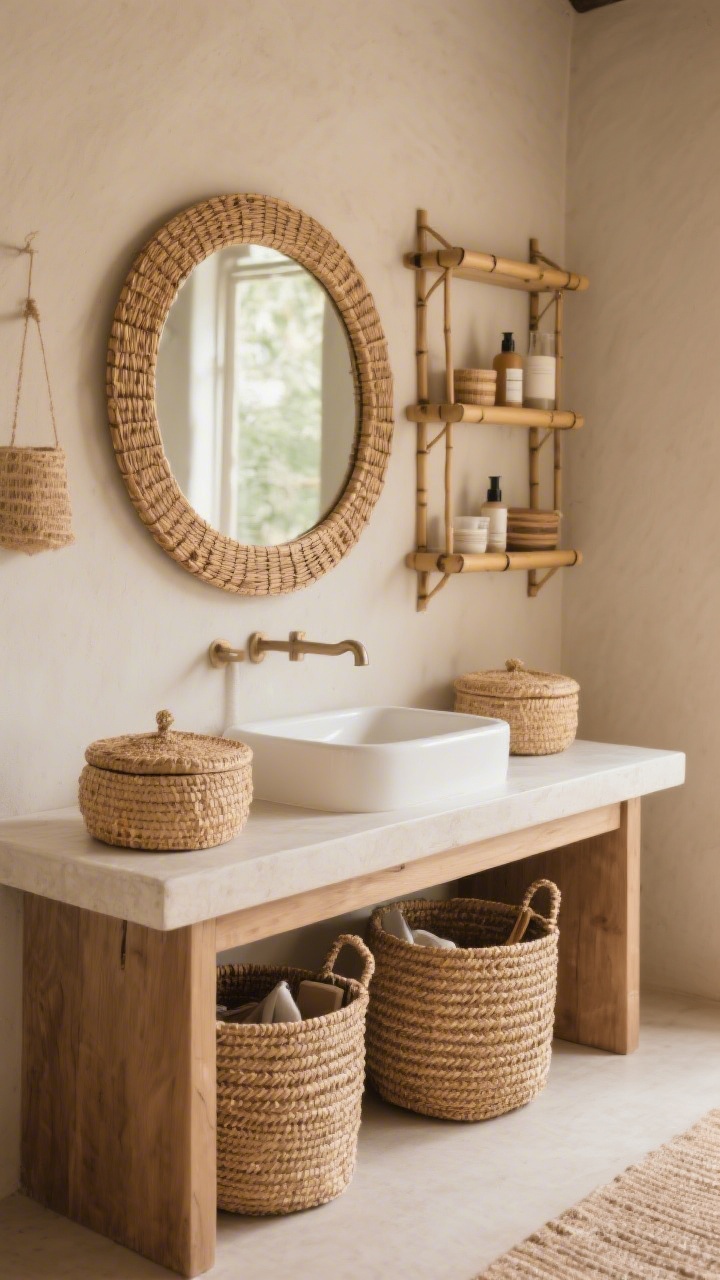 Medium shot focusing on woven accents that add soft structure: a rattan-framed round mirror above a sink, slender bamboo wall shelving with neatly arranged essentials, and lidded seagrass baskets tucked under a console to hide clutter; restrained use of woven textures (one or two per zone) to avoid theme-y feel; warm, cozy mood with natural light and earthy neutrals.