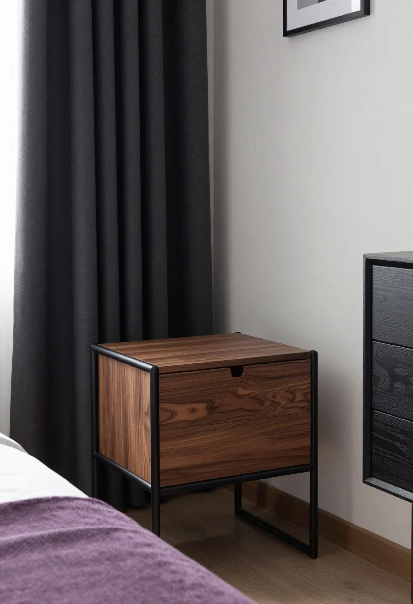 Medium shot from a corner angle focusing on a walnut nightstand beside a bed with a sleek matte black metal frame. Include matte black curtain rods and black picture frames on the wall, plus a dark-stained dresser with minimal hardware nearby. Purple accents limited to a lavender pillow or throw to show contrast against rich wood and black. Soft ambient daylight with subtle shadows, photorealistic.