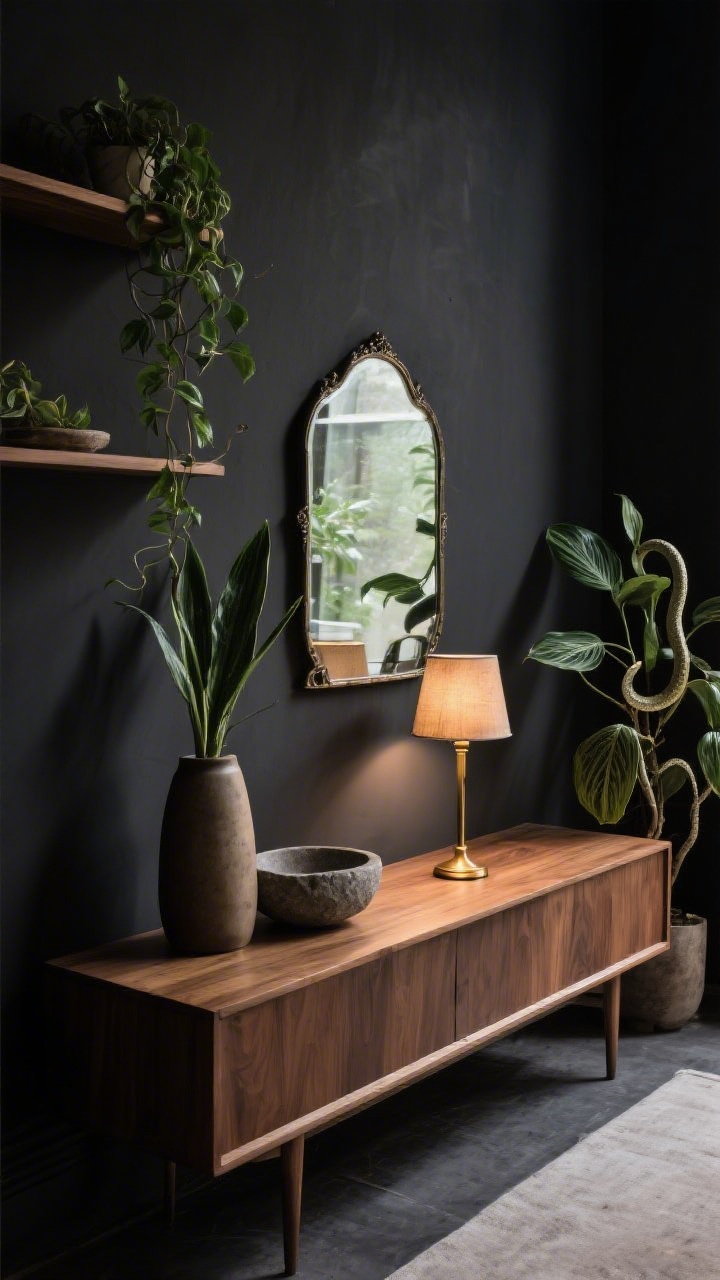 Medium shot from a side angle of a styled vignette balancing darkness with life: dark charcoal wall, warm wood console, brass lamp casting a soft pool of light; a smoked/antiqued mirror positioned to gently bounce the lamp’s glow; low-light plants (ZZ plant and snake plant) flanking the scene, with a pothos trailing off an upper shelf; styled rhythm with varied heights (tall lamp, medium vase, low stone bowl), tight color story, and restrained negative space; overall cocooning, moody warmth.