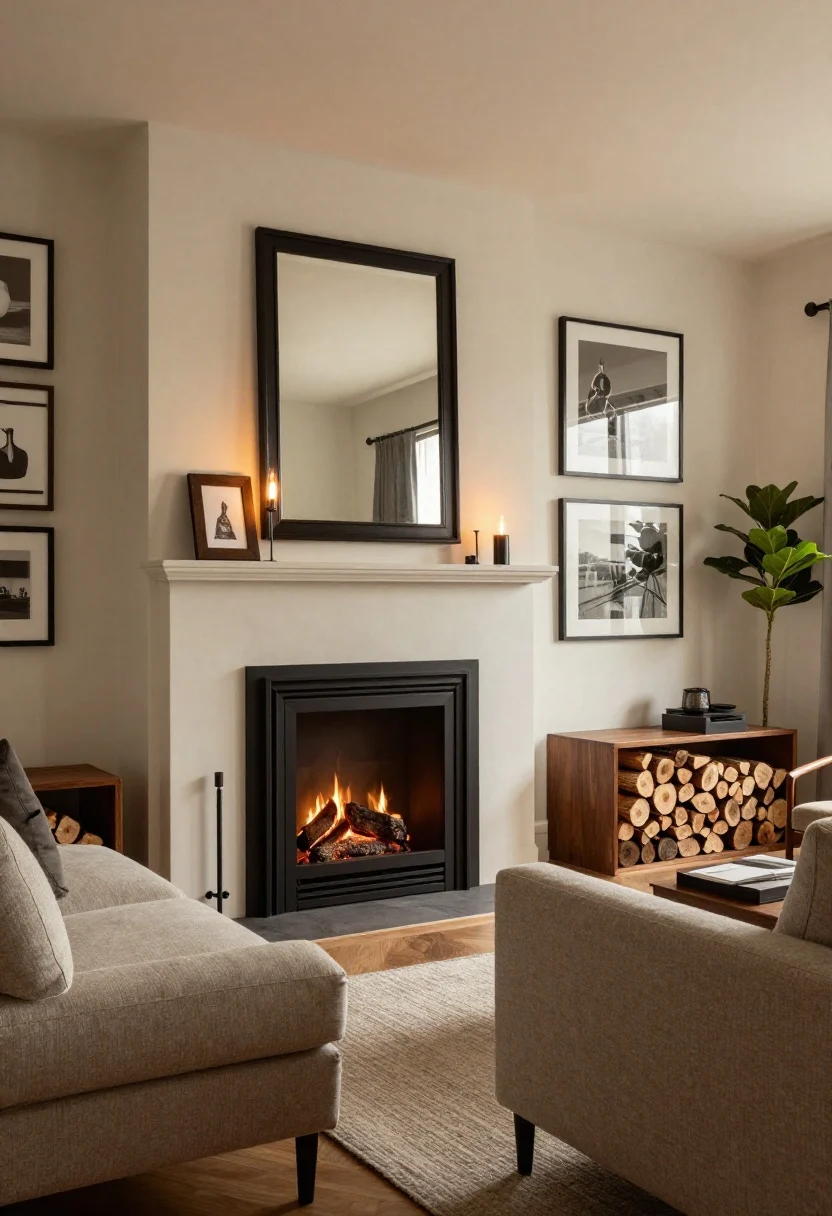 Medium shot from a slight angle: An off-center fireplace near a corner treated as an ambience focal point, with a tall mirror above the mantel and a small picture light illuminating mantel art; a floating sofa faces a media wall with framed art/TV opposite, while a lounge chair is angled toward the hearth; stacked firewood and a tall plant on the heavier side create visual counterweight; asymmetrical styling, warm firelight mixed with soft overhead lighting, matte black metal accents and wood tones repeated, photorealistic.