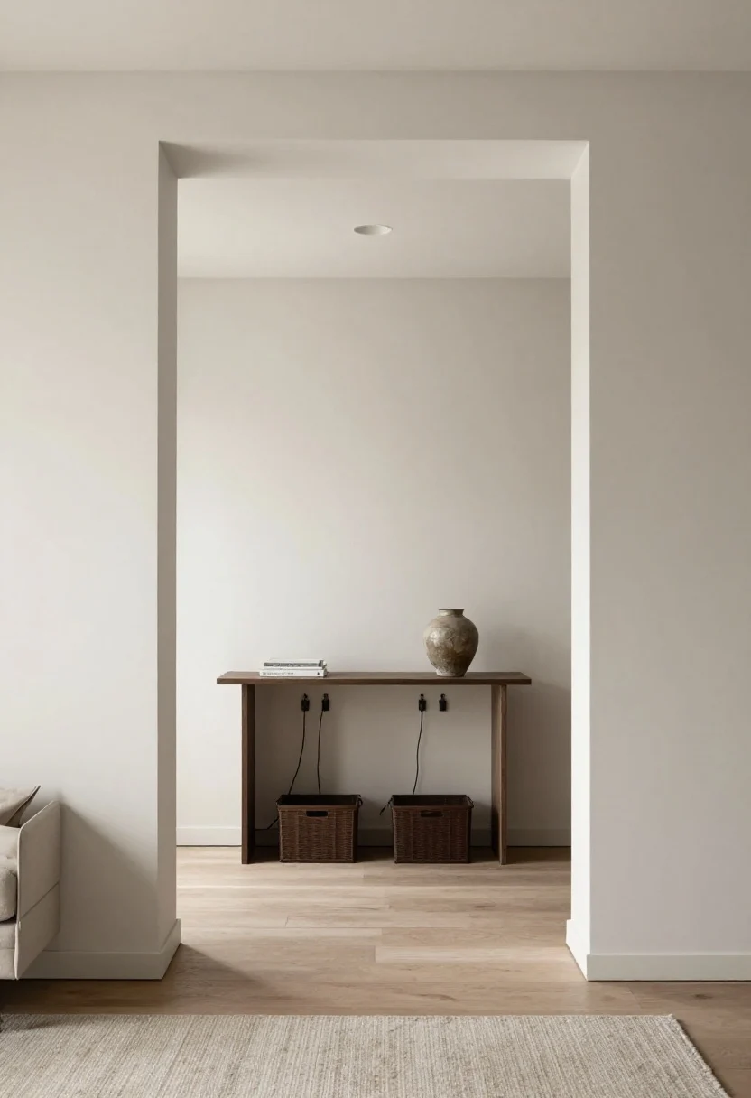 Medium shot from doorway: A bed floated away from walls with a low console acting as a pseudo headboard; cable clips neatly channeling cords; 30-inch walkway around the bed; the console styled only on the top shelf (a few books and a ceramic vase) while lower shelves remain minimal; baskets facing the opposite side for hidden storage; loft-like room with long rectangular proportions; soft diffused lighting and a neutral rug grounding the layout.
