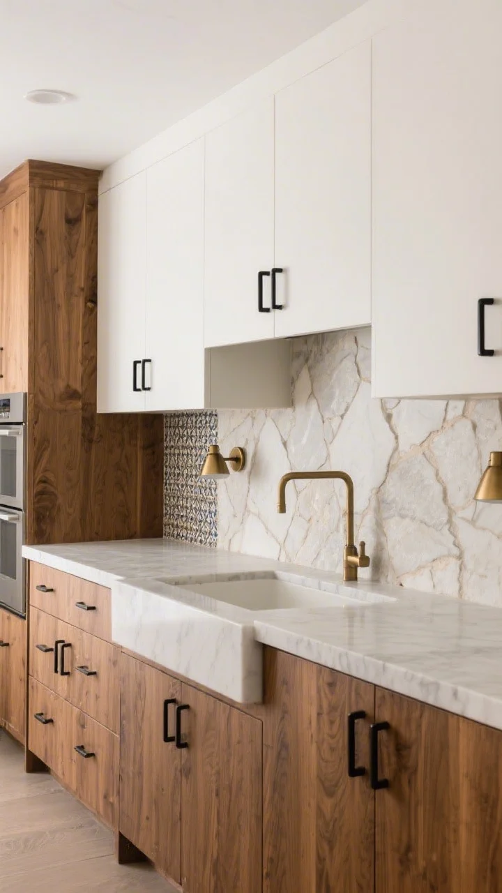 Medium shot highlighting mixed materials without chaos: warm wood lower cabinets, painted soft white uppers, and a stone slab backsplash in a light, quiet pattern. Add matte black cabinet hardware paired with brushed brass sconces for curated contrast. Include a small area of textured zellige-look tile elsewhere balanced by smooth quartz counters, repeating materials at least twice for cohesion. Warm, even lighting, photorealistic.