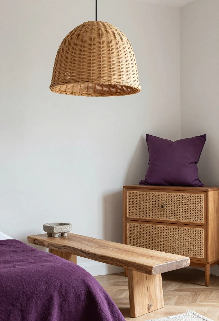 Medium shot highlighting natural materials that balance purple: a rattan pendant light overhead, a cane-front nightstand, a raw-edge wooden bench at the foot of the bed, and a small stone tray on the dresser. Purple appears in a mauve throw or lilac cushion for contrast against earthy textures. Calm, natural daylight emphasizing the organic finishes, photorealistic.