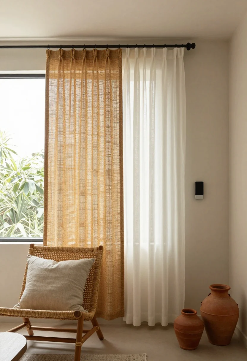 Medium shot illustrating layered treatments: woven wood shades in driftwood tone paired with off-white sheer drapery on a double rod; the woven shade lowered halfway with sheers drawn to add movement; natural textures with rattan chair, linen pillow, and terracotta pots; morning glow with soft diffusion; include discreet motorized roller control on the wall to suggest smart functionality, straight-on framing