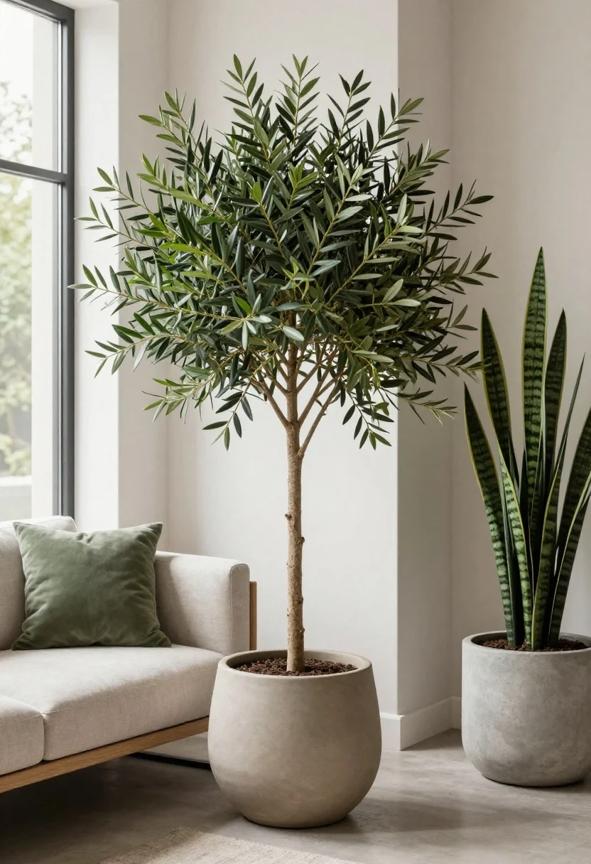 Medium shot: Intentional greenery—a single large olive tree in a matte ceramic planter beside a low sofa, with a rubber plant or snake plant visible in the background in a neutral concrete pot. Pots are calm and minimal; the plant forms are architectural and clean-lined. Soft daylight from a nearby window, neutral surroundings allowing the greens to be the star. Photorealistic, restrained, fresh.