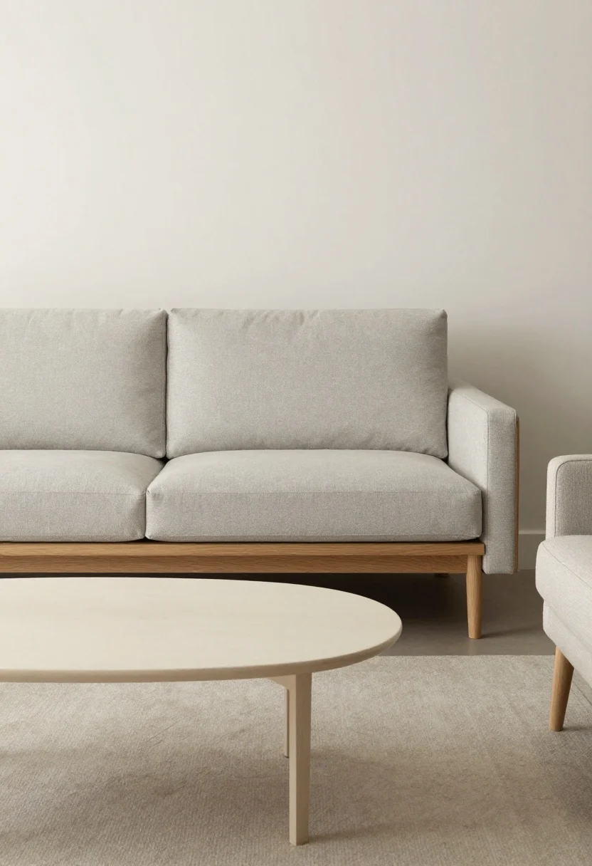 Medium shot: Low, linear sofa with a single bench cushion and a slim oak base, paired with a light, airy armchair on slender legs and an oval, rounded-edge coffee table a few inches lower than the sofa seat. Clean lines, soft corners everywhere, no bulky recliner in sight. Neutral palette with gentle grays and beiges; soft natural light emphasizing the grounded, lounge-like vibe. Photorealistic, calm, balanced composition.